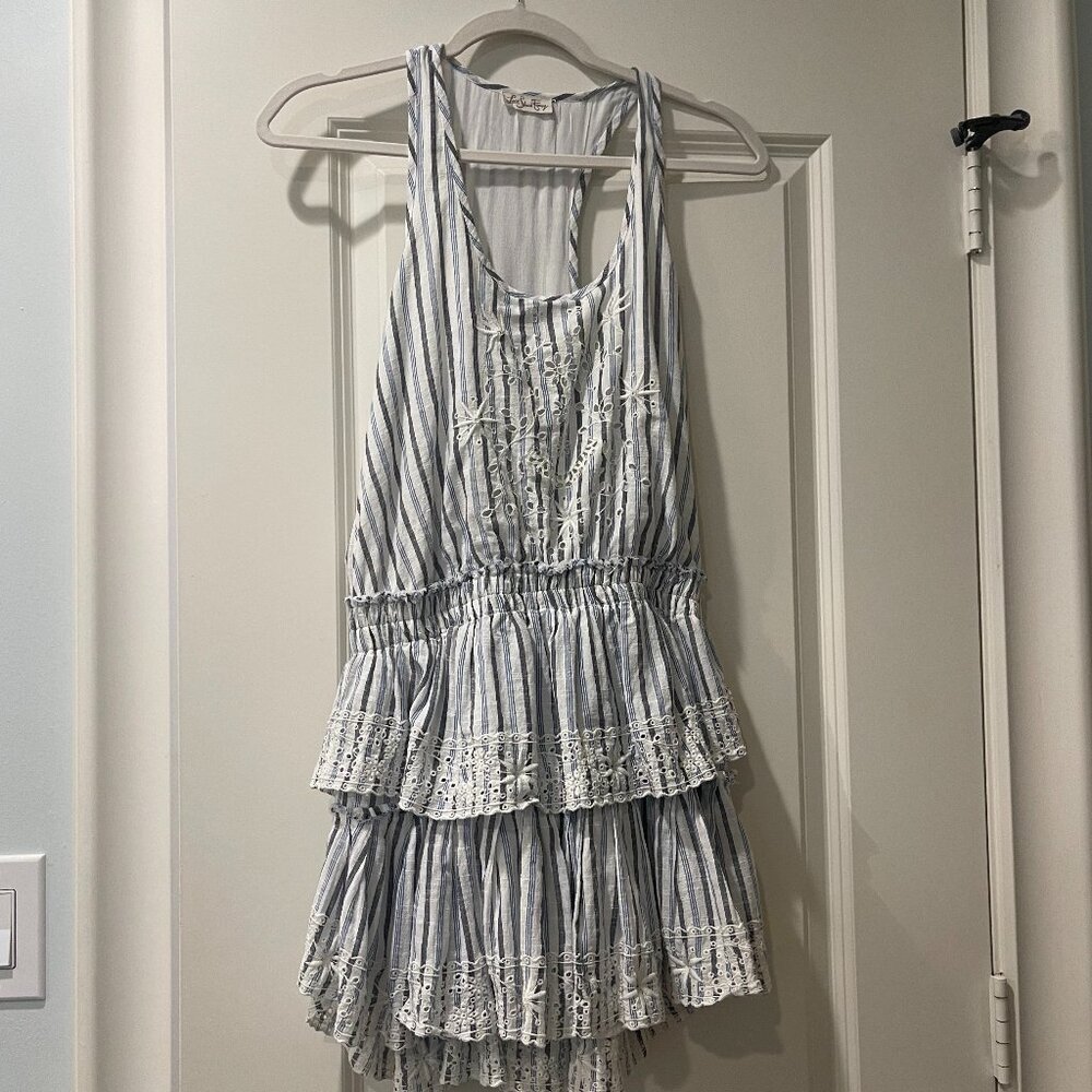 Love Shack Fancy Blue & White Stripe Embroidered Mini Dress